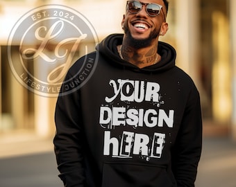 Maqueta de sudadera negra con capucha: Sudadera Gildan 18500, estilo urbano (PNG)