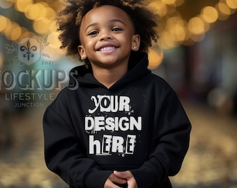 African American Kid Black Hoodie Mockup | Black Gildan 18500B Mockups | G185B Black mock | curly hair kid hoodie mock up studio setting