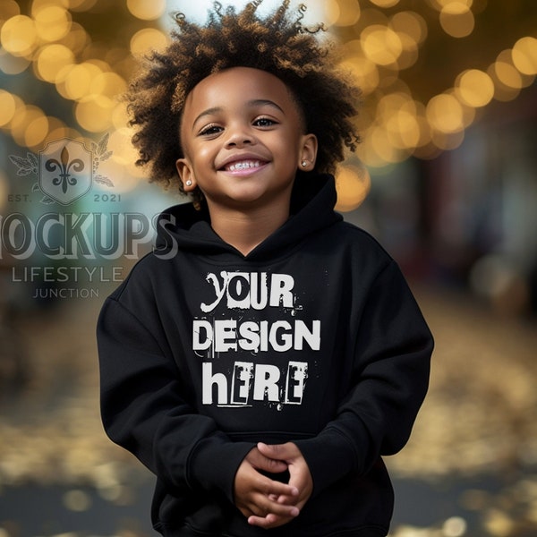 African American Kid Black Hoodie Mockup | Black Gildan 18500B Mockups | G185B Black mock | curly hair kid hoodie mock up studio setting