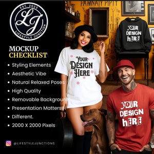 Peut inclure: Liste de contr&ocirc;le pour la maquette de t-shirts. La liste comprend les &eacute;l&eacute;ments de style, l'ambiance esth&eacute;tique, les poses naturelles et d&eacute;tendues, la haute qualit&eacute;, l'arri&egrave;re-plan amovible, la pr&eacute;sentation compte, diff&eacute;rent et 2000 x 2000 pixels. L'image montre deux personnes portant des t-shirts avec le texte "Your Design Here" et un chien.