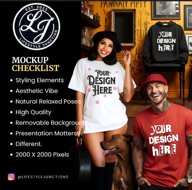 Peut inclure: Liste de contr&ocirc;le pour la maquette de t-shirts. La liste comprend les &eacute;l&eacute;ments de style, l'ambiance esth&eacute;tique, les poses naturelles et d&eacute;tendues, la haute qualit&eacute;, l'arri&egrave;re-plan amovible, la pr&eacute;sentation compte, diff&eacute;rent et 2000 x 2000 pixels. L'image montre deux personnes portant des t-shirts avec le texte "Your Design Here" et un chien.