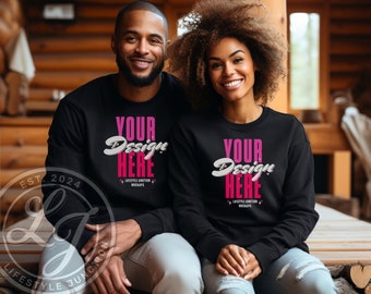 Mockup Gildan 18000-sweater: Afrikaans-Amerikaans koppelmodel (digitale png-download)
