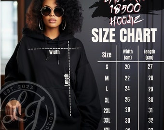 May include: Black Gildan 18500 hoodie with a size chart. The chart shows width and length measurements in centimeters for sizes S through 5XL. The image also includes the text "Lifestyle Junction" and "EST. 2023".