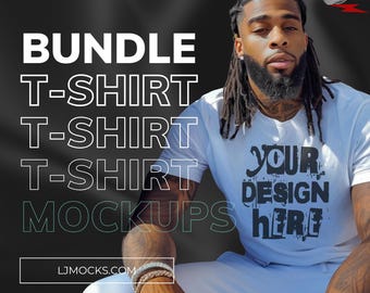 May include: A bundle of three t-shirt mockups featuring a person wearing a white t-shirt with the text "YOUR DESIGN HERE" printed on it. The text "BUNDLE T-SHIRT T-SHIRT T-SHIRT MOCKUPS" is displayed in white text on a black background. The website address "LJMOCKS.COM" is displayed at the bottom of the image.