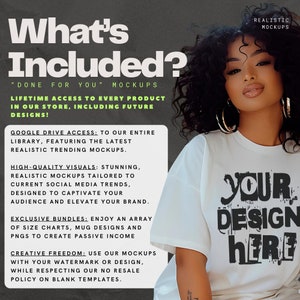 Op de afbeelding: Een witte t-shirt mockup met de tekst "YOUR DESIGN HERE" in zwart. De tekst is in een vet, verweerd lettertype. Het t-shirt wordt gedragen door een persoon met donker krullend haar. De tekst "What's Included?" staat bovenaan de afbeelding, en de tekst "REALISTIC MOCKUPS" staat rechtsboven in de afbeelding. De tekst onder het t-shirt beschrijft de functies die in het product zijn inbegrepen.