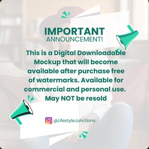 Op de afbeelding: Een digitale download-aankondiging met een groene megafoon-afbeelding en tekst die luidt: "BELANGRIJKE AANKONDIGING! Dit is een digitaal downloadbare mockup die na aankoop gratis beschikbaar wordt zonder watermerken. Beschikbaar voor commercieel en persoonlijk gebruik. Mag NIET worden doorverkocht @LifestyleJunctions"