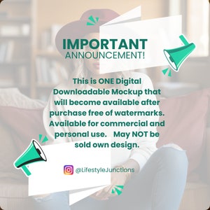 May include: Important announcement graphic with a woman wearing a red hat and a white sweater. The text reads: "This is ONE Digital Downloadable Mockup that will become available after purchase free of watermarks. Available for commercial and personal use. May NOT be sold own design." The graphic also includes a megaphone icon and the text "@LifestyleJunctions".