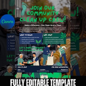 Flyer de nettoyage communautaire modifiable | Circulaire de l'événement bénévole | Affiche de nettoyage de quartier | Modèle de toile