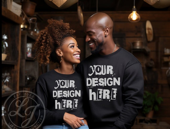 Gildan 18000 Black Couple Mockup: Sweater Design (PNG, SVG)