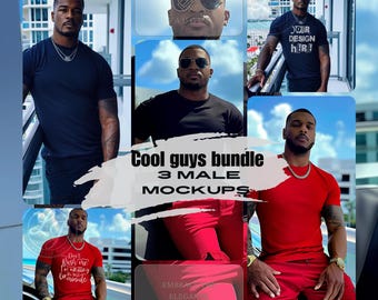 May include: A bundle of three male t-shirt mockups. The first mockup features a black t-shirt with a white text design that says "Your Design Here". The second mockup features a black t-shirt with a white text design that says "Don't Rush Me I'm Waiting". The third mockup features a red t-shirt with a white text design that says "Cool Guys Bundle 3 Male Mockups".
