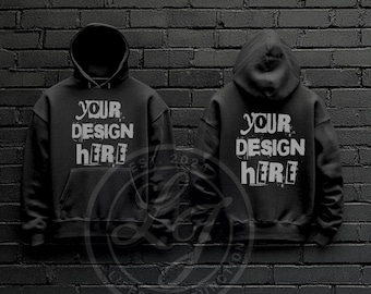 Felpa con cappuccio nera Gildan 18500, mockup: fronte e retro (download digitale PNG)