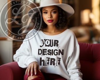 White Sweatshirt Mockup: Black Model, Lifestyle Scene (JPG Digital Download)