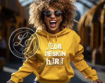 Gildan 18500 Gold Hoodie Mockup: Woman's Oversize Autumn Crewneck (PNG)