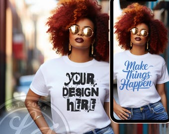 African American white tshirt mockup Bella Canvas 3001 black Tshirt Mock up black model mockup city view mockup