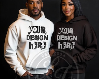 Gildan 18500 Couple Hoodie Mockup: White Sweater (PNG)