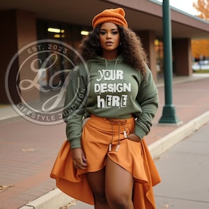 Sweatshirt Mockup Black Model Mockup Gildan 18000 Sweatshirt Mockup Black Girl Mockup African American Woman army green Sweater Mock Up