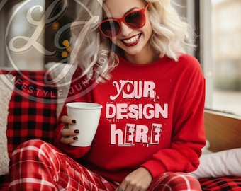 Red Gildan 18000 Sweatshirt female model Mockup Red Sweatshirt Mockup Sweater Mock-up