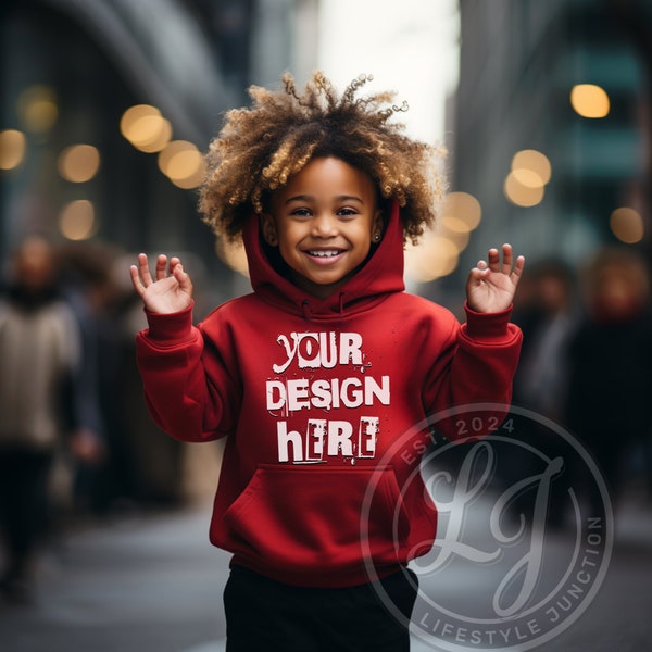 African American Kid red Hoodie Mockup | Red Gildan 18500B Mockups | G185B Black mock | curly hair kid hoodie mock up studio setting