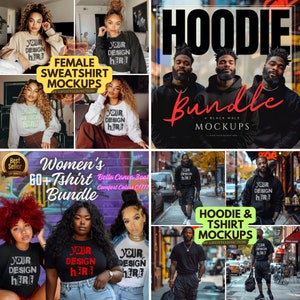 Op de afbeelding: Een collage van afbeeldingen die verschillende T-shirt- en hoodie-mockups laten zien. De afbeeldingen tonen verschillende modellen die zwarte, witte en grijze shirts dragen met de tekst "YOUR DESIGN HERE" erop gedrukt. De tekst "Hoodie Bundle 4 Black Male Mockups" en "Women's 60+ Tshirt Bundle Bella Canva 3001 Comfort Colors C1717" is ook zichtbaar in de collage.
