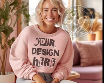 Pink Sweater Mockup Gildan 18000 Mockup Gildan Pink Sweatshirt Mockup Stock caucasian Mockup png Digital Download Model Mockup multiethnic