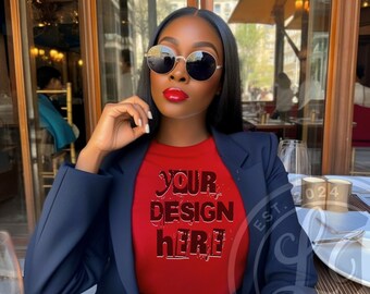 May include: A woman wearing a red t-shirt with the text "YOUR DESIGN HERE" in black and a navy blue blazer. She is wearing round sunglasses and red lipstick.