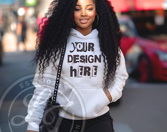 White Hoodie Mockup: Gildan 18500, Black Model (PNG Digital Download)