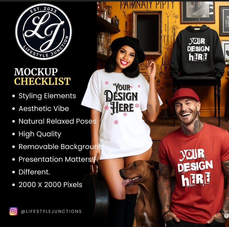 May include: Mockup checklist for designing t-shirts. The checklist includes styling elements, aesthetic vibe, natural relaxed poses, high quality, removable background, presentation matters, different, and 2000 x 2000 pixels. The image shows two people wearing t-shirts with the text "Your Design Here" and a dog.