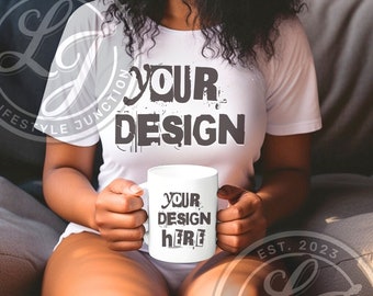 White Coffee Mug Mockup: 15 oz Bundle, Black Female Model (PNG Digital Download)