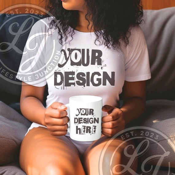 White Coffee Mug Mockup: 15 oz Bundle, Black Female Model (PNG Digital Download)