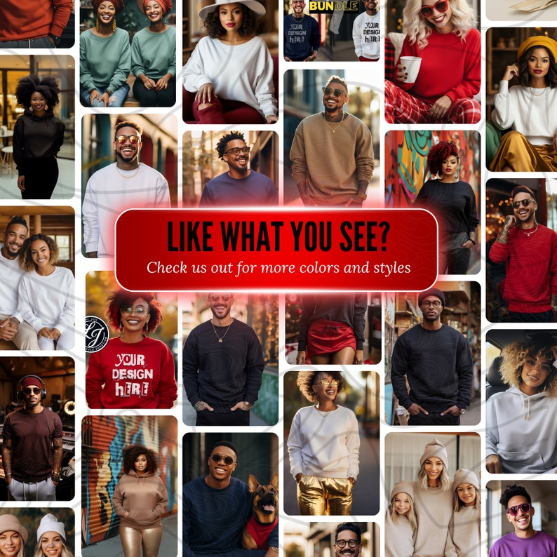 May include: A collage of people wearing various colours of crew neck sweatshirts. The text "LIKE WHAT YOU SEE? Check us out for more colours and styles" is displayed in a red banner.