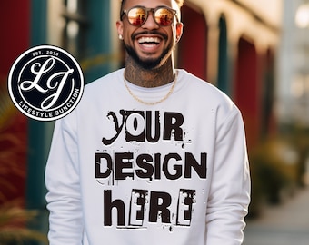 May include: White sweatshirt with a black graphic that says "YOUR DESIGN HERE" in a distressed font. The sweatshirt has a black and white logo on the left side that says "Lifestyle Junction" with the letters "LJ" in a stylized font.