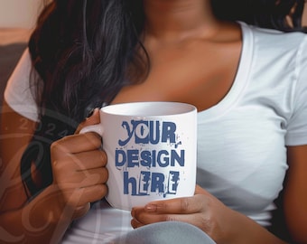 White Mug Mockup: Woman Holding Coffee Cup (Digital Download)