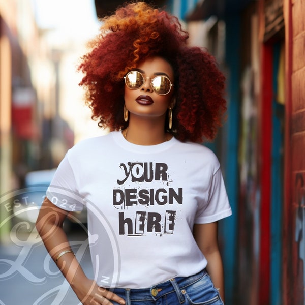 African American white tshirt mockup Bella Canvas 3001 black Tshirt Mock up black model mockup city view mockup