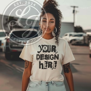 Ivory Unisex Garment-Dyed T-shirt Comfort Colors 1717 African American female Mockup ivory tshirt mockup printify tshirt mockup