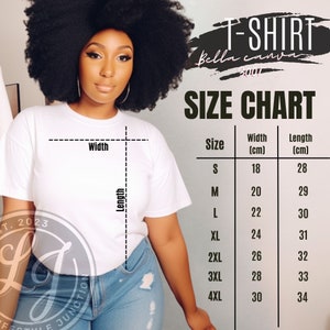 Bella canva 3001 Size Chart white tshirt Sizes Mockup african american female white tshirt size chart
