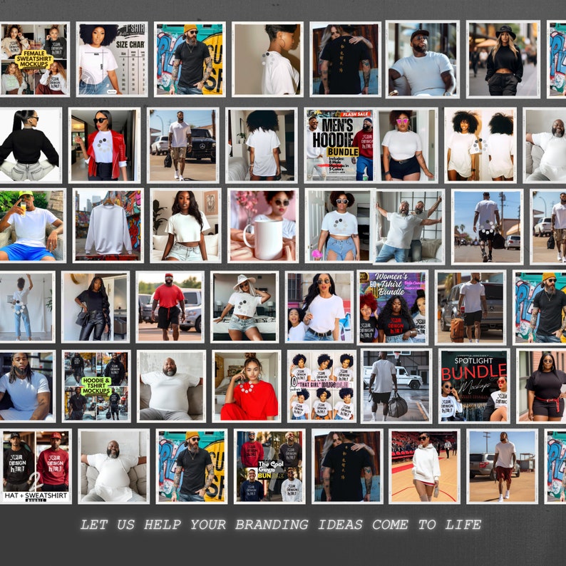 Op de afbeelding: Een collage van afbeeldingen die verschillende kledingmockups laten zien, waaronder T-shirts, hoodies en sweatshirts. De afbeeldingen tonen verschillende modellen die de kleding dragen in verschillende poses en settings. De tekst "LET US HELP YOUR BRANDING IDEAS COME TO LIFE" wordt onderaan de collage weergegeven.