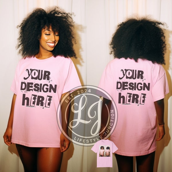 African American female pink oversized TShirt Mockup front and back view - Etsy Store Branding and Graphic Design Mockup - Digital Download