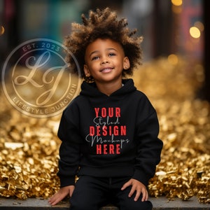 Youth pullover black hoodie sweatshirt gildan 18500 Black Kids Hoodie Mockup Pullover Hoodie Kids Black Model Mockup Sweatshirt Mockup Child