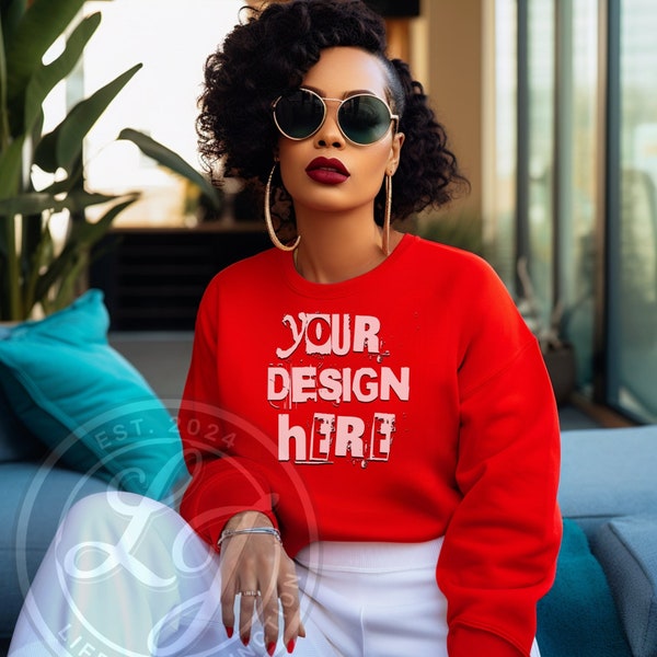 Sweatshirt Mockup Black Model Mockup Gildan 18000 Sweatshirt Mockup Black Girl Mockup African American Woman red Sweater Mock Up