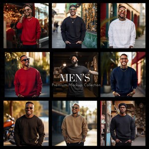 May include: A grid of nine images showcasing various crewneck sweatshirts and t-shirts in different colors. The image includes a black t-shirt with the text "MEN'S Premium Mockup Collection". The models are wearing sunglasses and are in an outdoor setting.