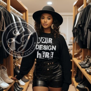 Sweatshirt Mockup Black Model Mockup Gildan 18000 Sweatshirt Mockup Black Girl Mockup African American Woman Black Sweater Mock Up