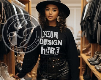 Gildan 18000 Black Sweatshirt Mockup: African American Woman (PNG Digital Download)