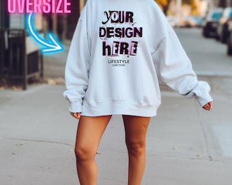 Mockup oversized trui Gildan 18000: lifestyle-model (digitale download)
