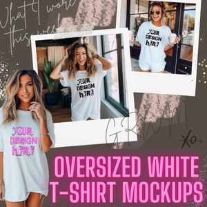 Pode incluir: Tr&ecirc;s maquetes de uma camiseta branca oversized com o texto "YOUR DESIGN HERE" estampado na frente. As maquetes mostram a camiseta sendo usada por tr&ecirc;s modelos diferentes em v&aacute;rias poses.