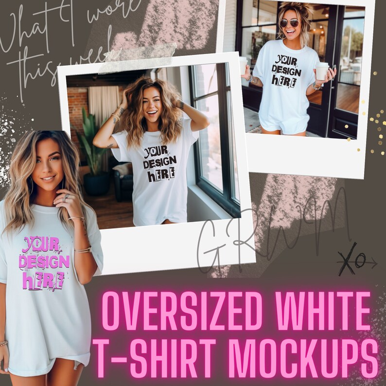 Pode incluir: Tr&ecirc;s maquetes de uma camiseta branca oversized com o texto "YOUR DESIGN HERE" estampado na frente. As maquetes mostram a camiseta sendo usada por tr&ecirc;s modelos diferentes em v&aacute;rias poses.