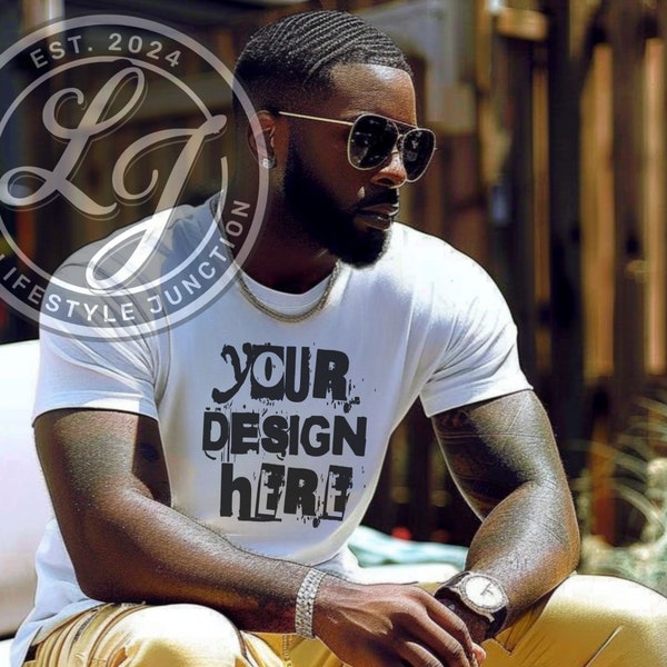 Bella Canva 3001 Mockup Realistic Black male Model Mockup white tshirt African American Mockup Diverse Mockups Urban glasses mockup