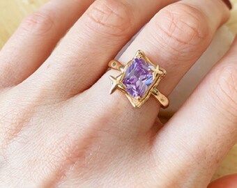 Adjustable Baguette Amethyst Ring, Rosegold Plated Star Design, Minimalist Purple Gemstone Jewelry