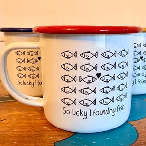 Closing down! Swimming fish, Anniversary Gift, Valentine’s gift, Enamel mug, Engraved, Plenty more fish in the sea