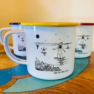 Sea swimming mug, Personalised option, Enamel mug, Engraved, Daymer Bay, Made in Cornwall