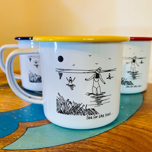 Sea swimming mug, Personalised option, Enamel mug, Engraved, Daymer Bay, Made in Cornwall